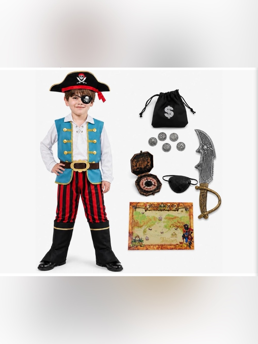 Kids Pirate Costume Set with Accessories - Blue & Red Sz Large 6-7 NEW